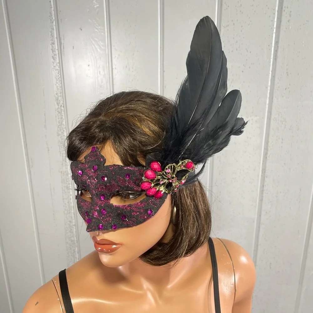 **Custom Masquerade Mask Pink Black Lace Halloween Costume